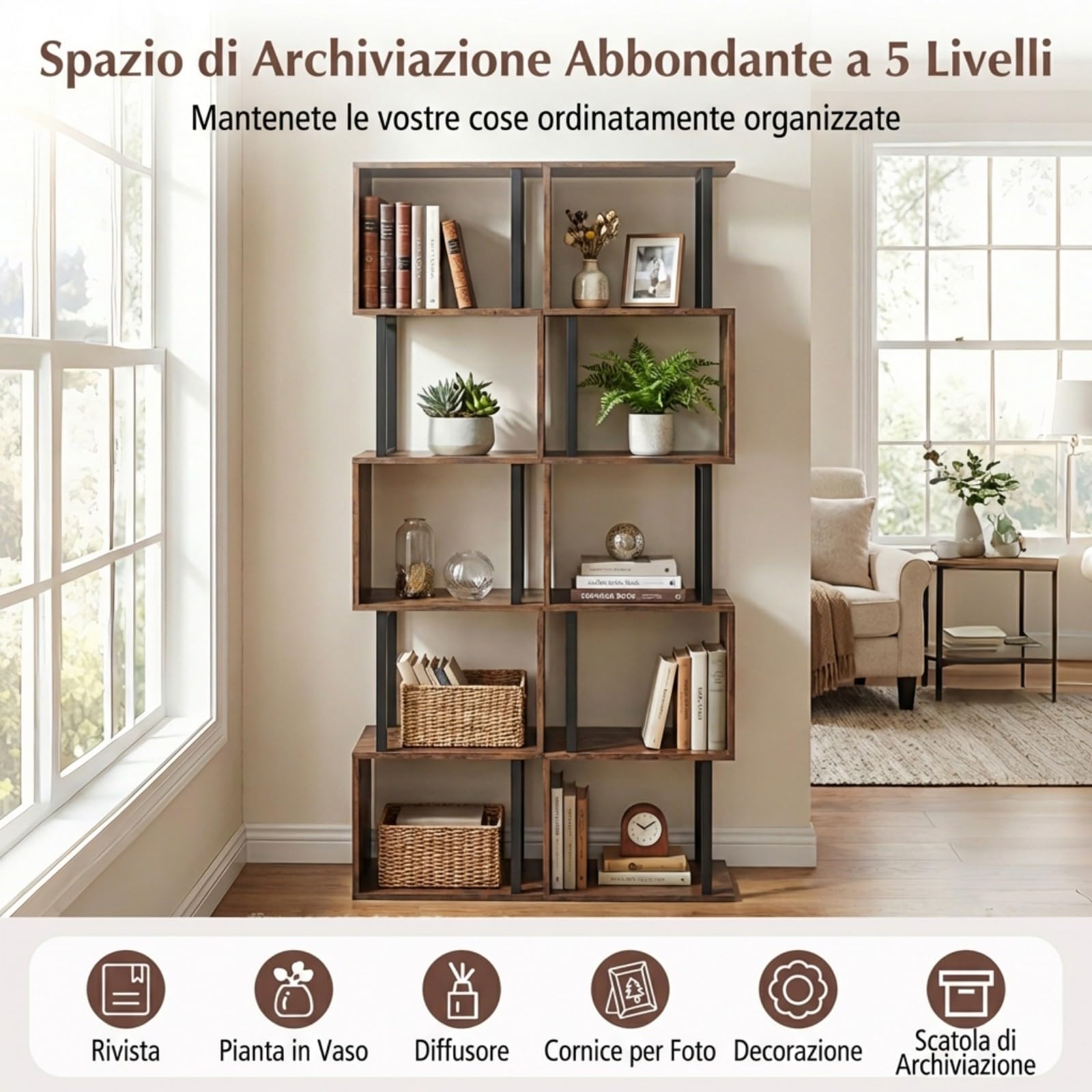 COSTWAY Libreria a 5 Livelli in Legno, Scaffale Espositore Geometrico con Struttura in Metallo, Mobile Portaoggetti Salvaspazio per Camera da Letto Soggiorno Ufficio, 38x23x147 cm (Marrone Rustico)