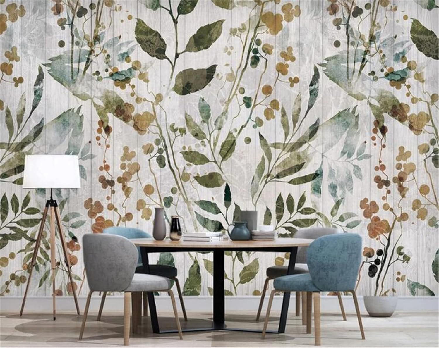 Papier peint 3D à motif de feuille verte et grain de bois vintage pour salon - 150cm×105cm