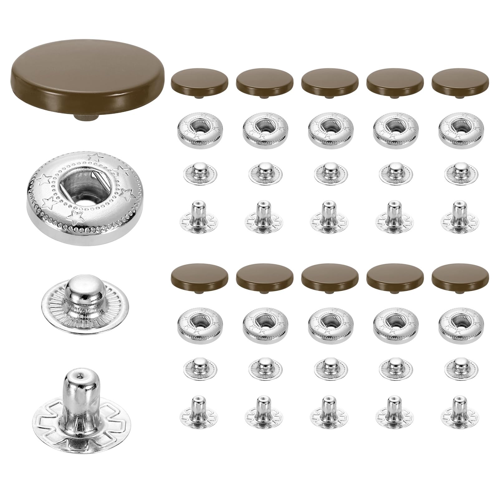 sourcing map 20 Set Snap Fasteners, 17mm #831 Zinc Alloy Press Studs Buttons Popper Stud Cap for Clothing Jeans Jackets Leather Sewing Repairing, Dark Brown