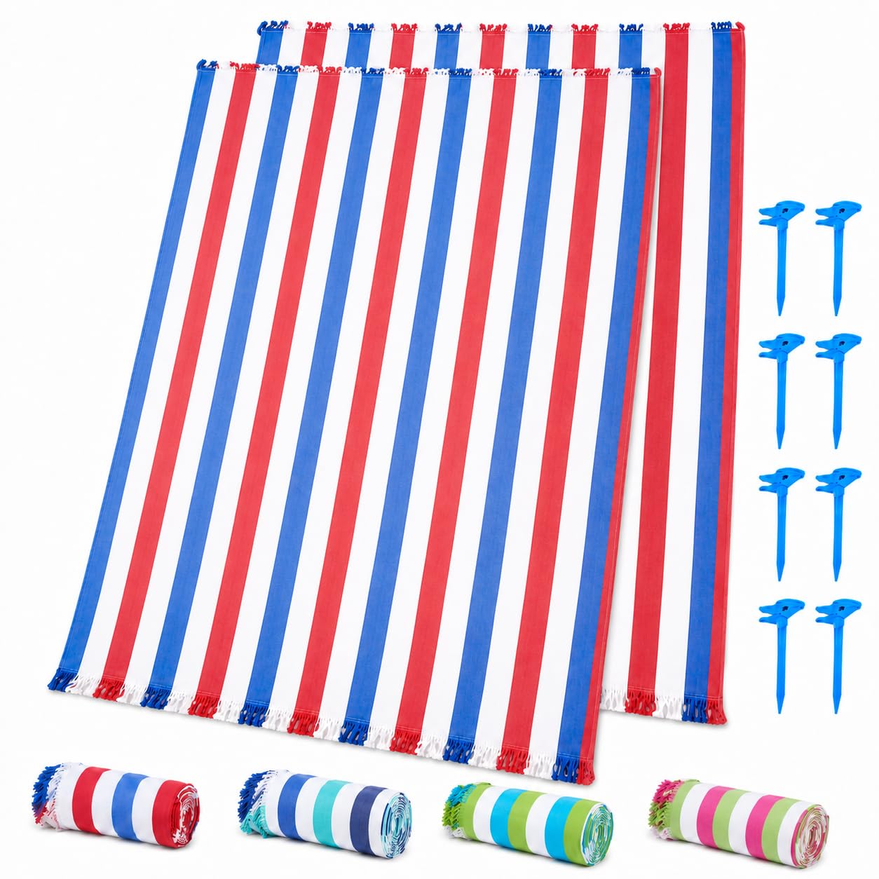 Pincho Lot de 2 grandes serviettes de plage avec pinces pour sable avec 4 pièces, anti-sable et séchage rapide XL 140 x 180 cm, rayures multicolores pour piscine et camping, avec franges