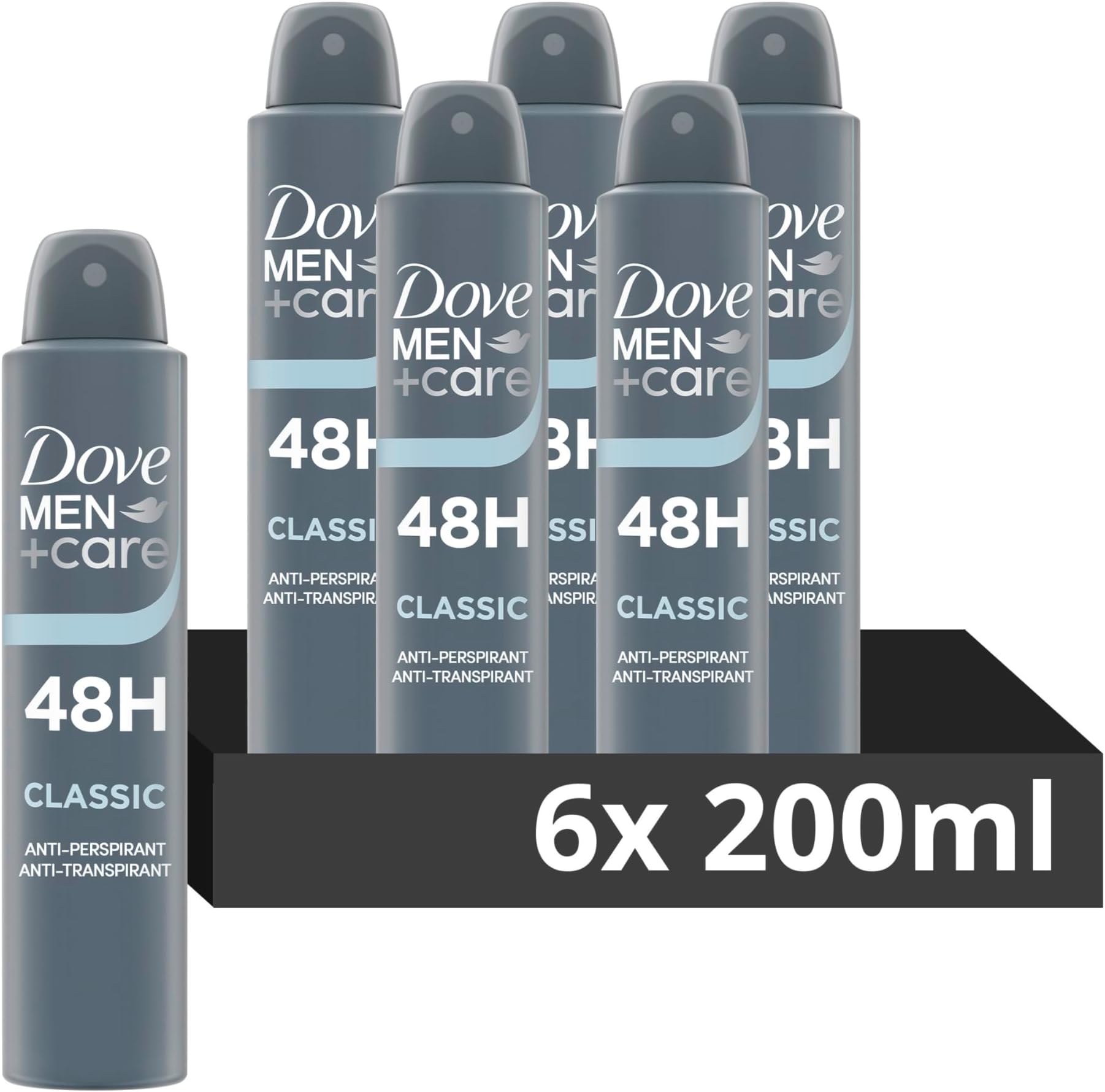 Dove Men+Care Classic Anti-Perspirant Aerosol Deodorant Spray with ยผ moisturising cream for 48 hour protection against sweat and odour 6x 200 ml