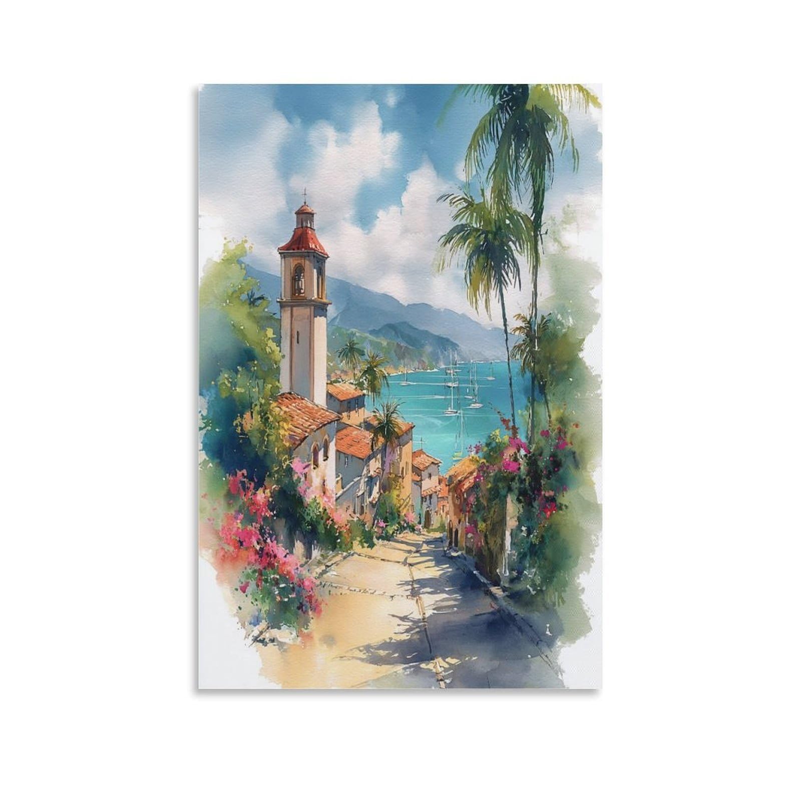 Cnaheiz Unframe-Style Puerto Vallarta Watercolor Painting_ Mexico Travel Poster 24X36inch(60X90cm) Vintage Watercolor Canvas Art