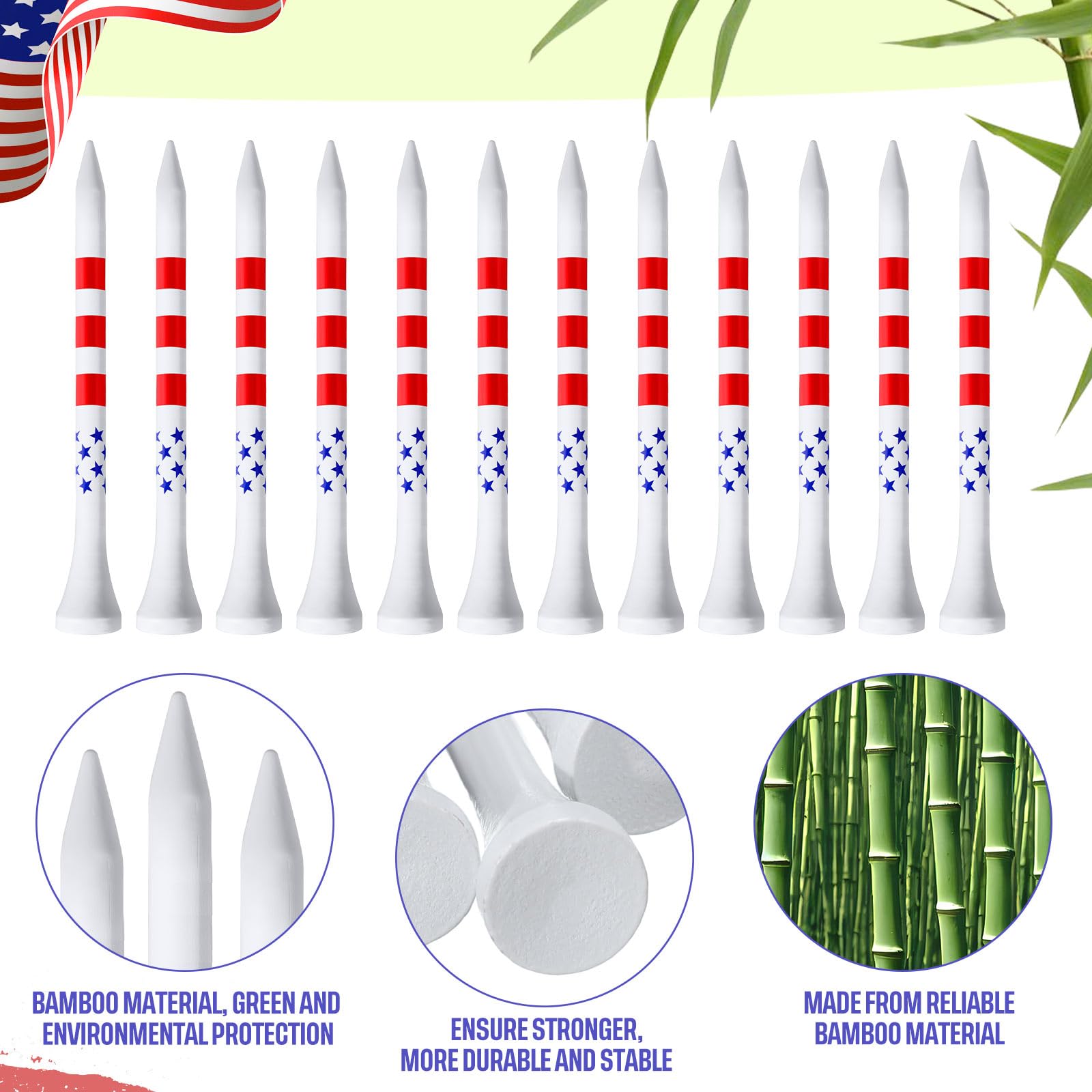Mudder Golf-Tees aus Bambus, 8,9 cm, lang, patriotische Golf-Tees, USA, amerikanische Flagge, Golf-Tees, rot, weiß und blau, Golftees für Männer, Frauen, Kinder