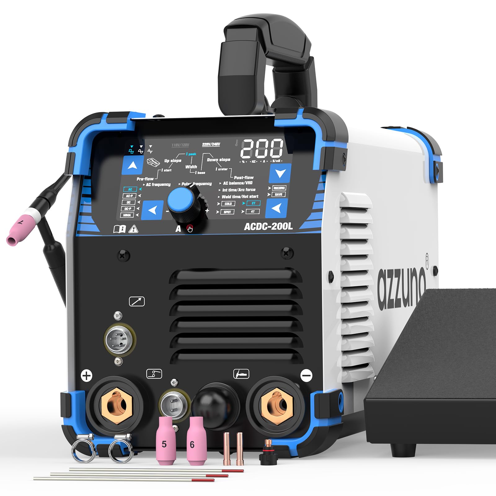 Terperinci view of the AZZUNO ACDC-200L TIG Welder's large LED control panel