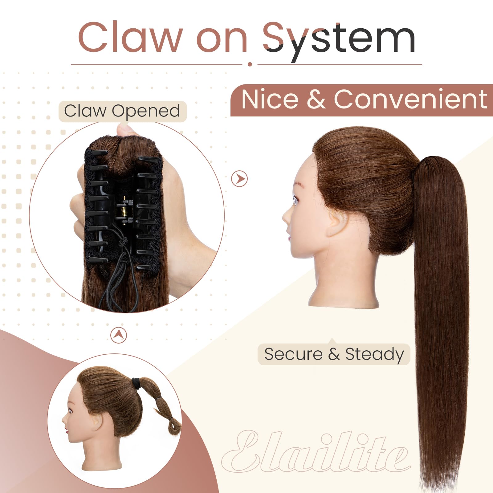 Elailite Claw Clip Ponytail Extension Real Human Hair #4 Medium Brown Natural HairPiece Straight - 14 Inch - Image 3