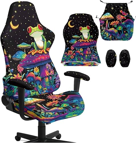 Mushroom Gaming Chair Slipcover with Zipper Vibrant Computer Chair Covers Strtchable Boho-Chic Ergonomic Gamer Chairs Protector for Adults