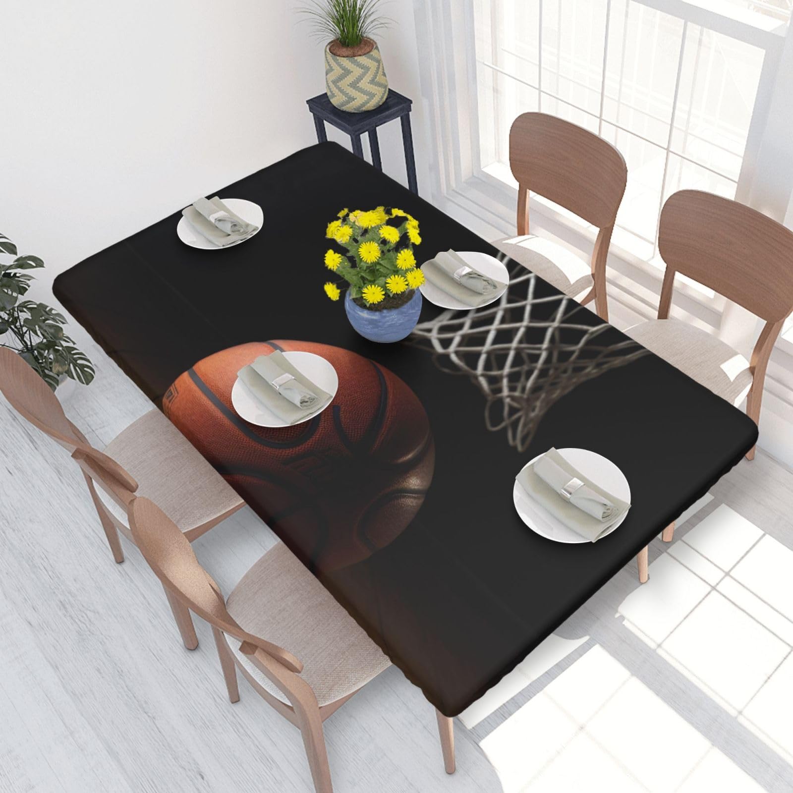 DCARSETCV Basketball Printed 4FT Waterproof Tablecloth with Elastic Edged Protect & Decor Your Table, Oil-proof Washable Table Cloth Cover for Dinner Picnic Party