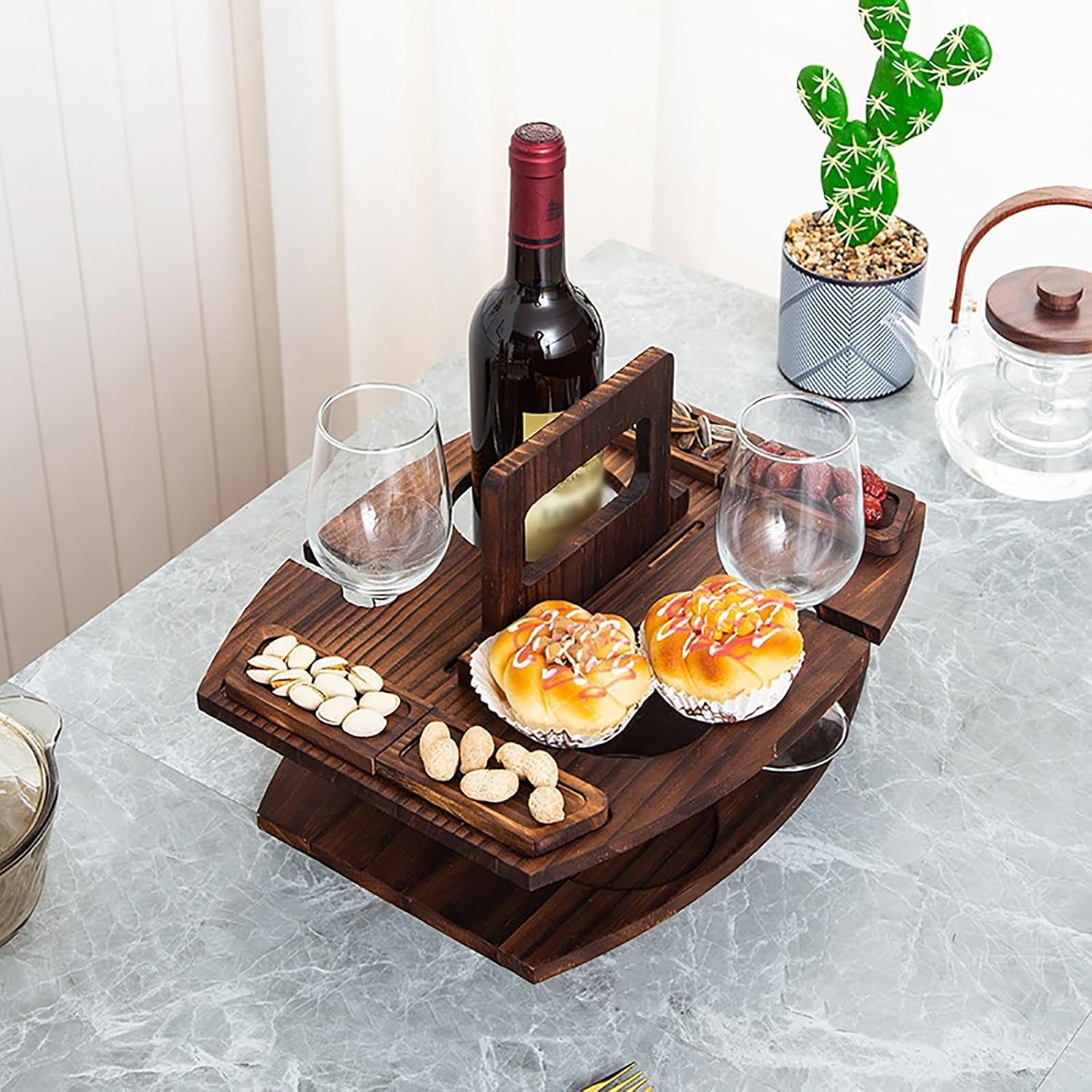 Soporte para vino de encimera con portavasos y estantes de madera