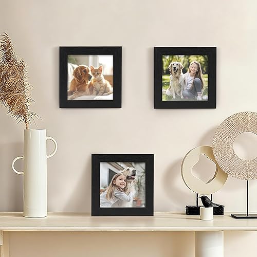 Vista 5 de TOFOREVO Juego de 6 marcos de fotos de 5 x 5 pulgadas, marco de fotos de grano de madera negra para montaje en pared de galería o exhibición de mesa