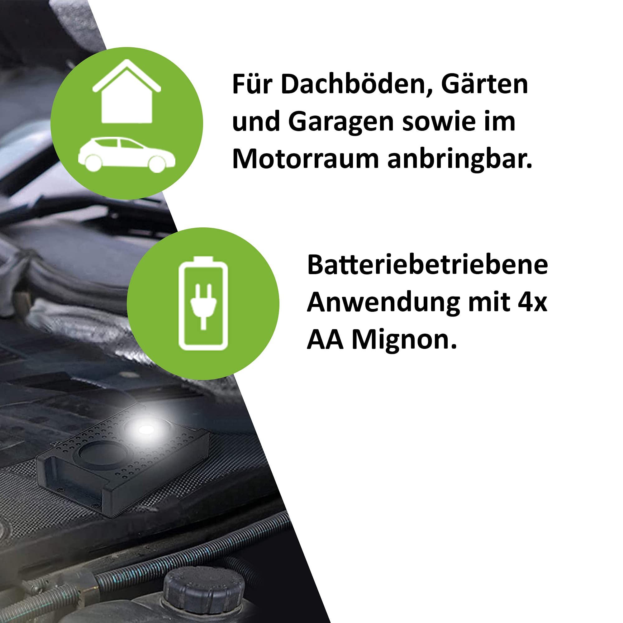 ISOTRONIC Bateryjny odstraszacz kun, myszy i szczurów – Ultradźwięki i światło LED – Do samochodu, domu, garażu i na strych – Ochrona przed popielicami (2 sztuki)
