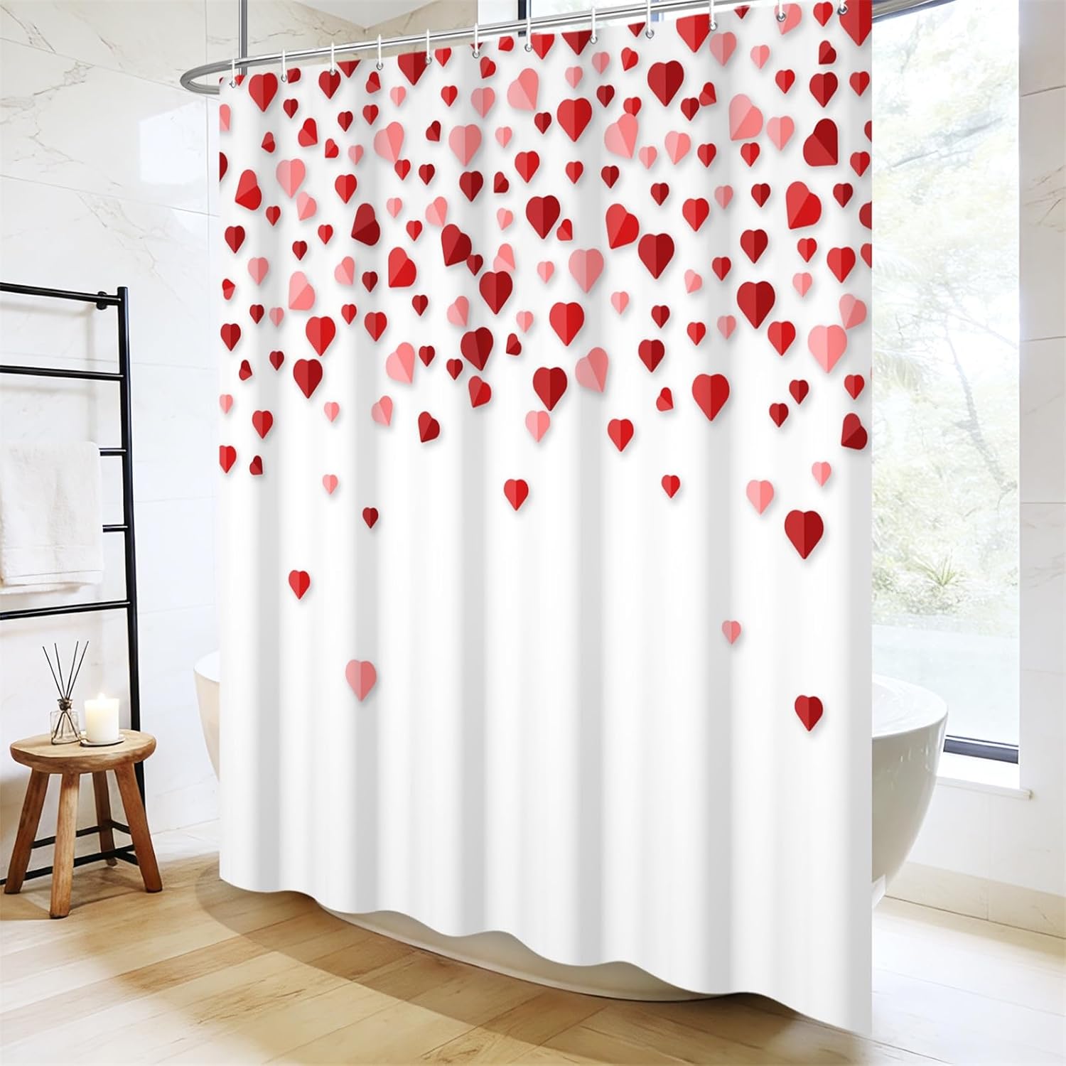 AOFOTO Pink Red Heart Shower Curtains Modern Romantic Valentine's Day White Shower Curtain for Bathroom Falling Hearts Printed Polyester Shower Curtain Bathroom Decor Accessories Set 72x78 Inch