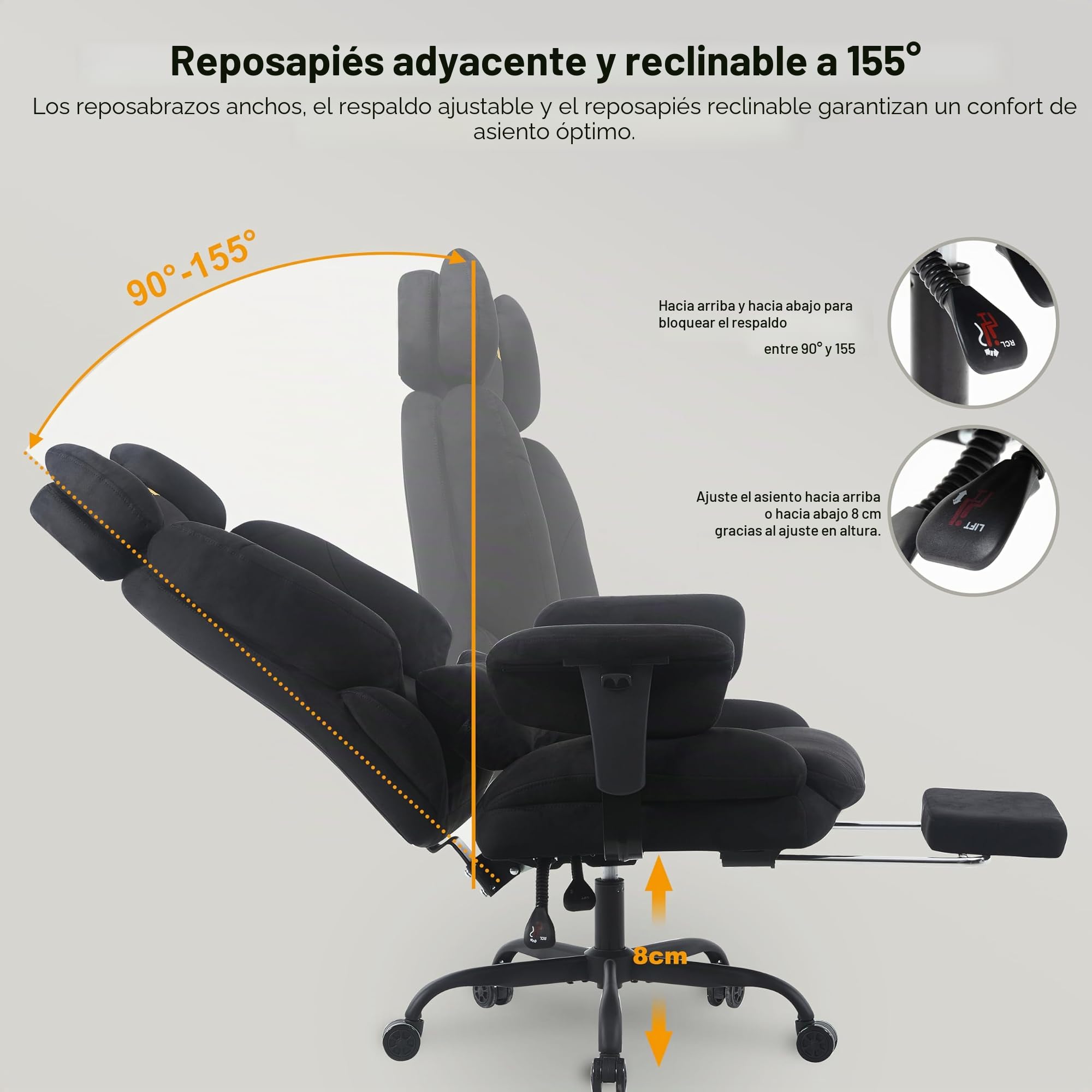 Symino Silla Gaming Ergonómica con Reposapiés - Silla Gamer de Oficina Reclinable 90-155° con Reposabrazos Ajustable - Adultos hasta 130kg (Negro)