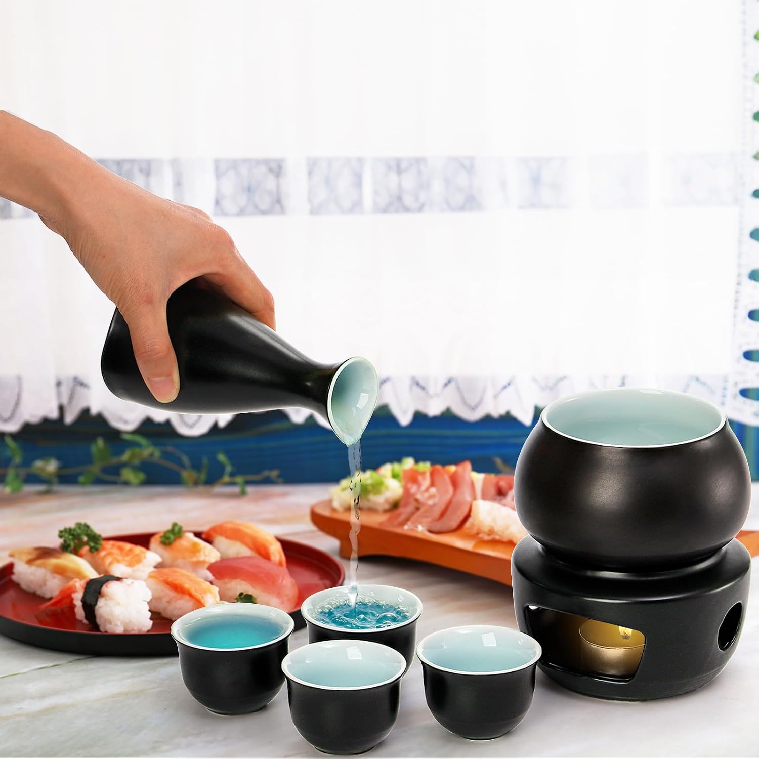 Foraineam Ceramic Sake Set with Warmer, Japanese Style Porcelain Hot Saki Drink Warmer Set, 7 Pieces Set Including 1 Stove, 1 Warming Bowl, 1 Sake Bottle, 4 Sake Cups