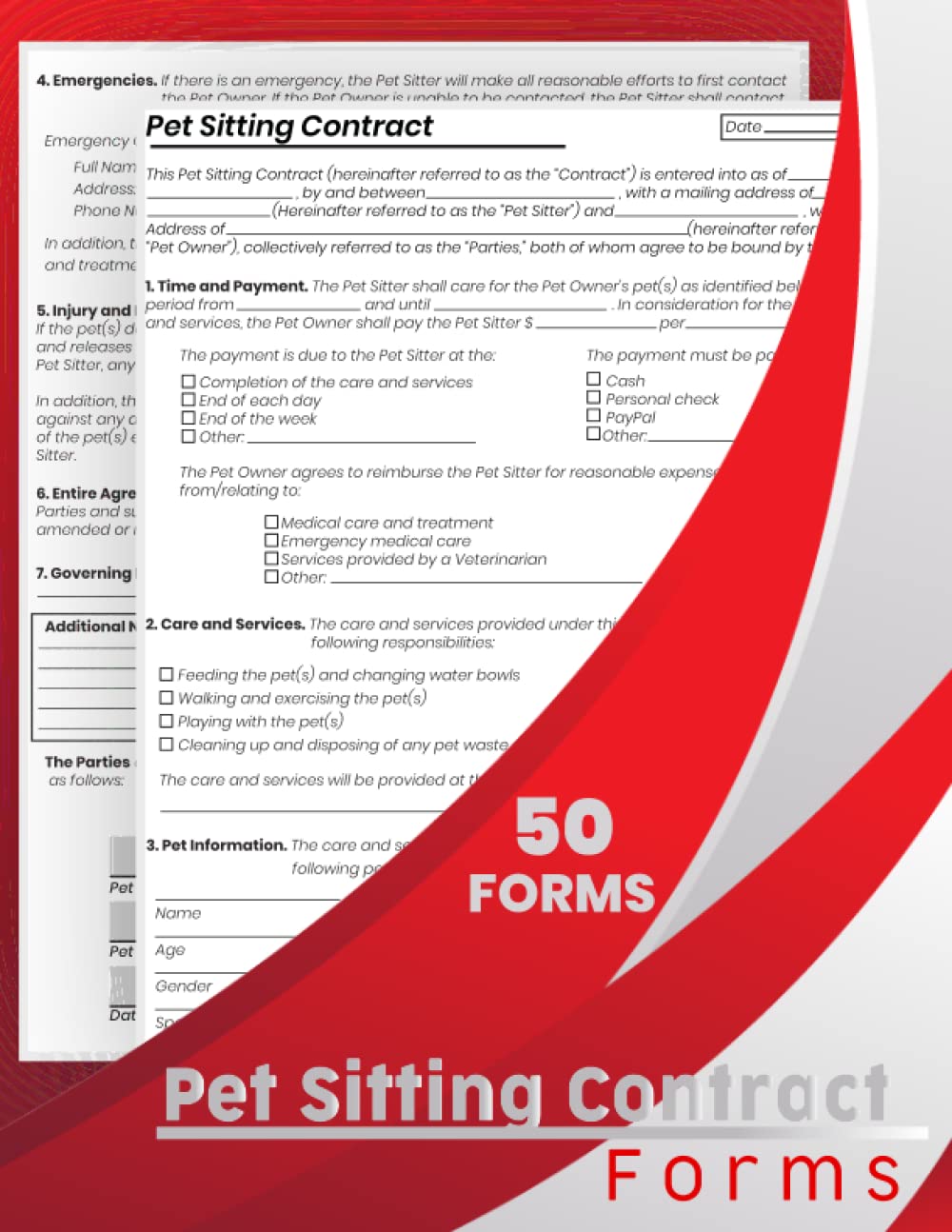 Pet Sitting Contract Form Book: Dog / Cat Sitting Services Agreement . 50 Contract 2 pages/Contract (8.5''x11'').