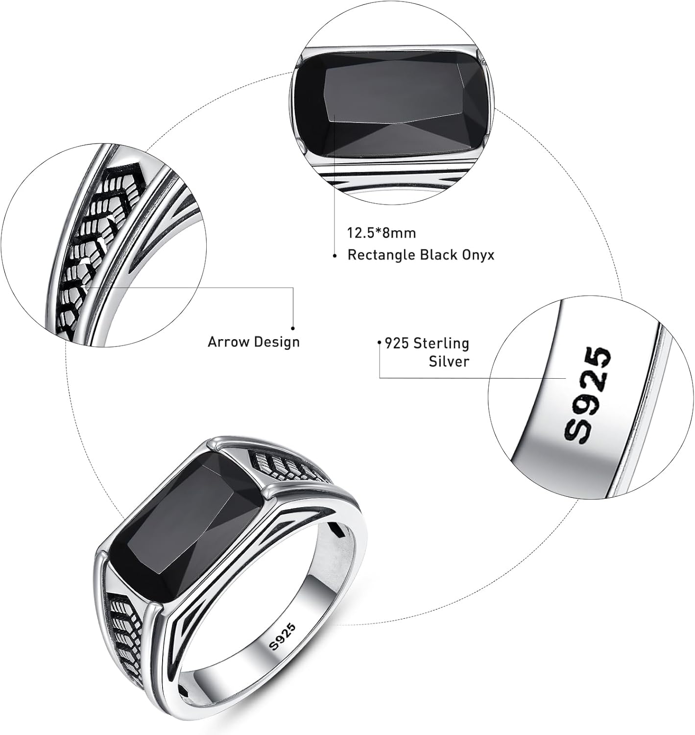 925 Sterling Silver Mens Teal Turquoise/Synthetic Black Onyx Rings Handmade Arrow Design Band Width 3.5mm Anillos de Hombre Thumb Ring for Birthday Jewelry Gift, Size 8-12 - Image 4