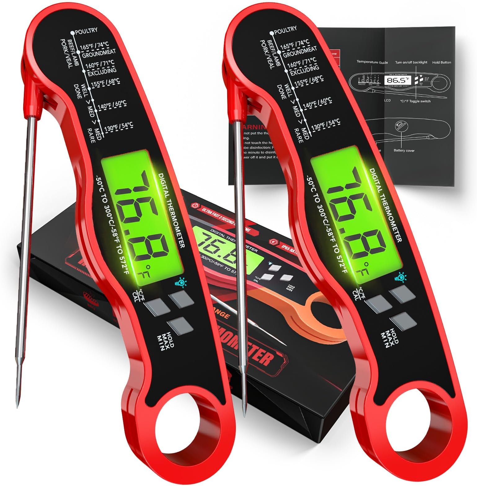 Digital Meat Thermometer for Cooking - IP67 Waterproof Kitchen Thermometer with Backlight and Hold, Fast Instant Read Thermometer, Candy Making, Outside Grill, Stocking Stuffers for Men-2 Pack
