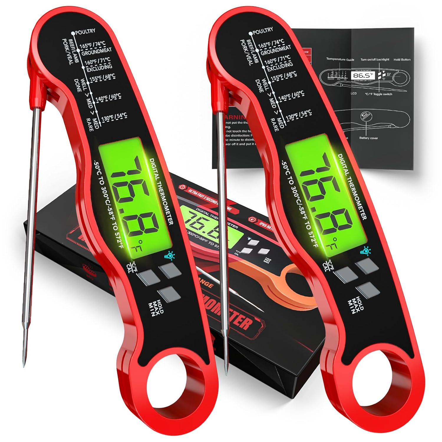 AWKLIM Digital Meat Thermometer 2-Pack: IP67 Waterproof, Instant Read ±2°F, Backlight & Hold - Grill, Cooking, Candy Making