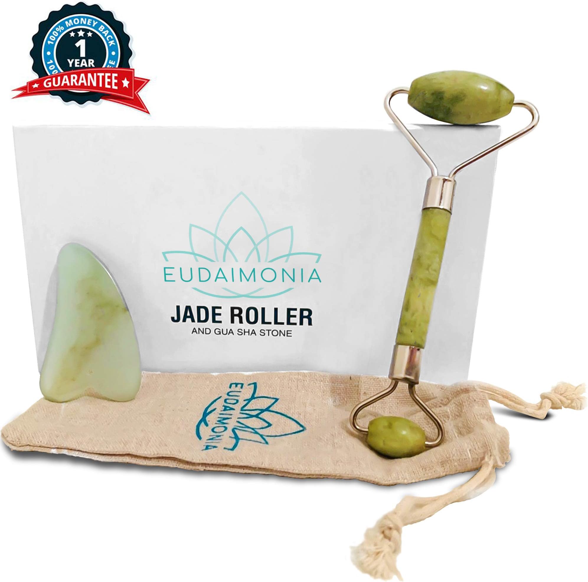Eudaimonia Jade Roller and Gua Sha Massage Tools II Organic Natural Jade Stone II Jade Facial Massage Roller for Slimming, Firming, Lifting II Remove Wrinkles, Puffiness, Rejuvenate Skin for Women II