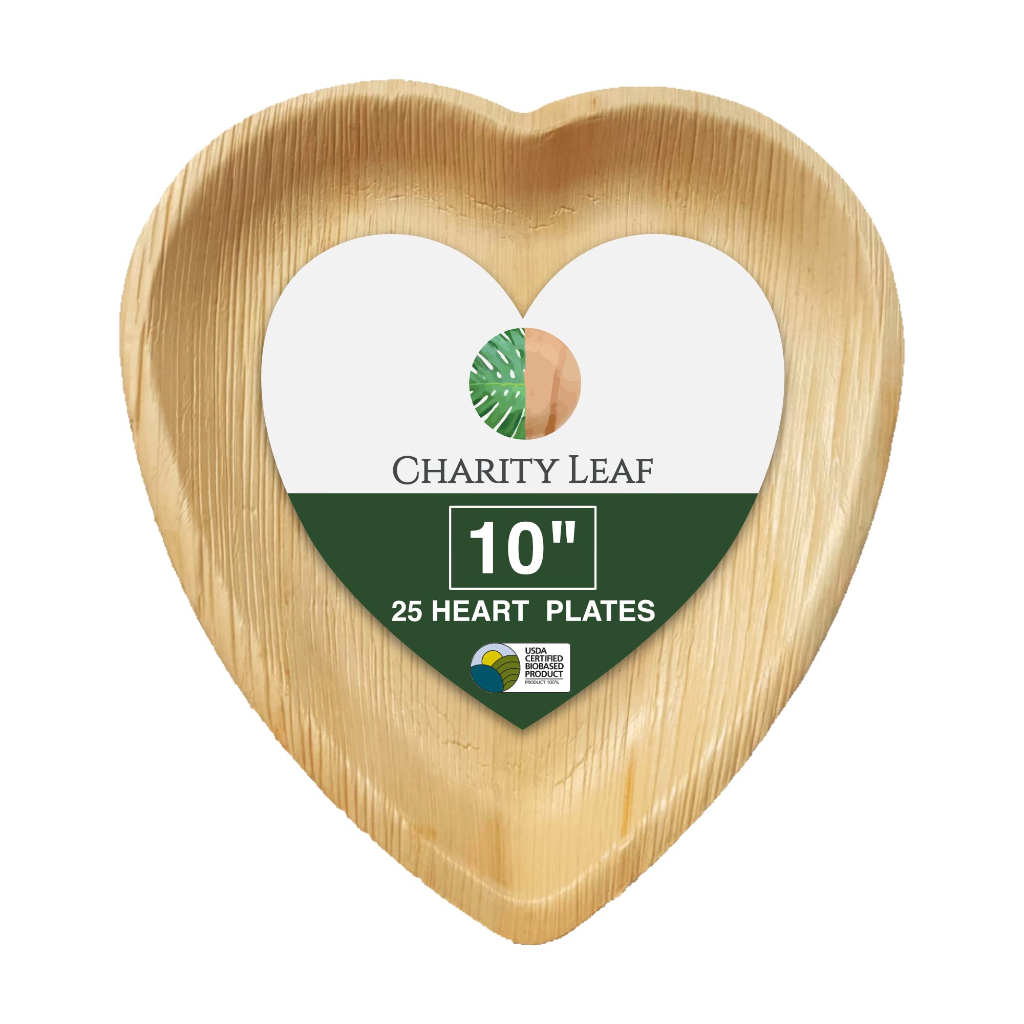 Charity Leaf - Disposable Palm Leaf Like Bamboo Heart Shape Plate | All Natural and Biodegradable | Catering, Charcuterie Boards, BBQs, and Parties | Heart Plate (25pcs) (10 Inch)