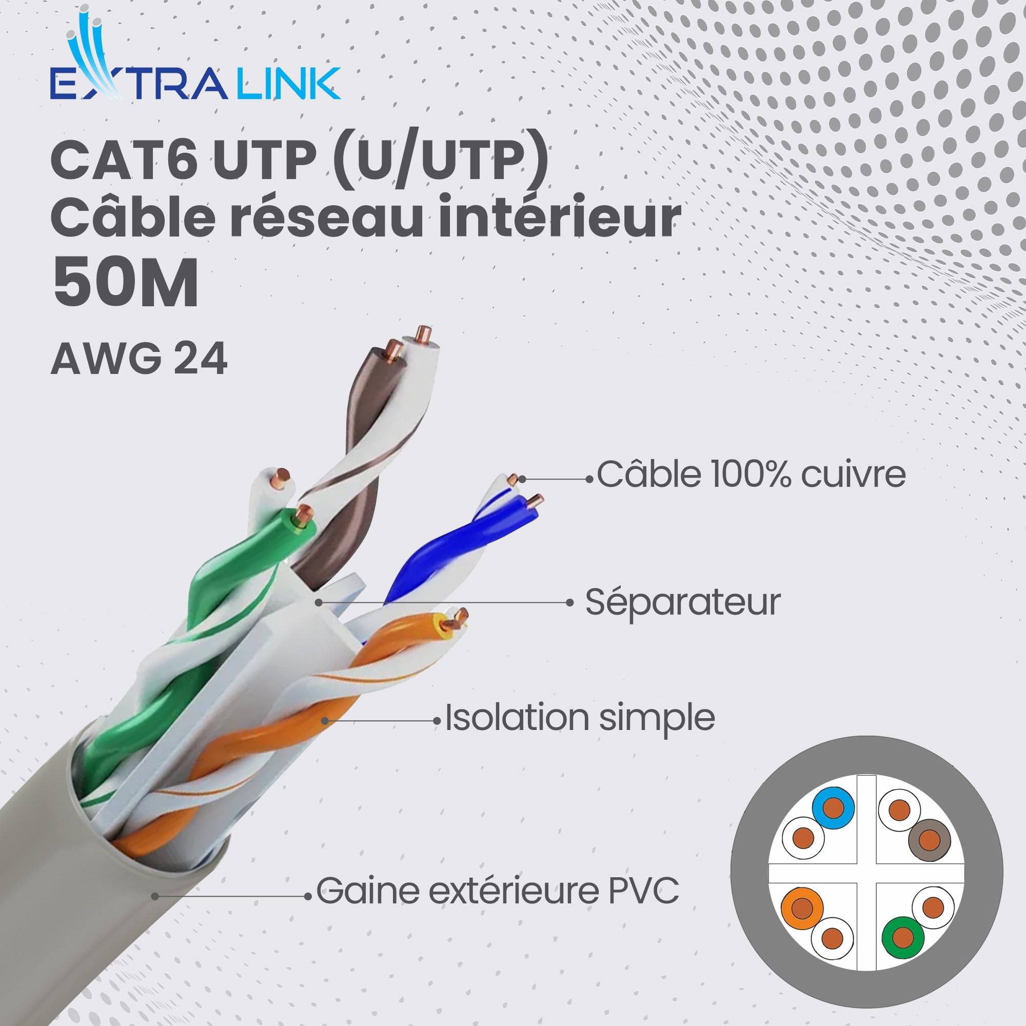 EXTRALINK Câble Ethernet CAT6A U/UTP Intérieur 50m 10Gb/s Cuivre Pur PoE