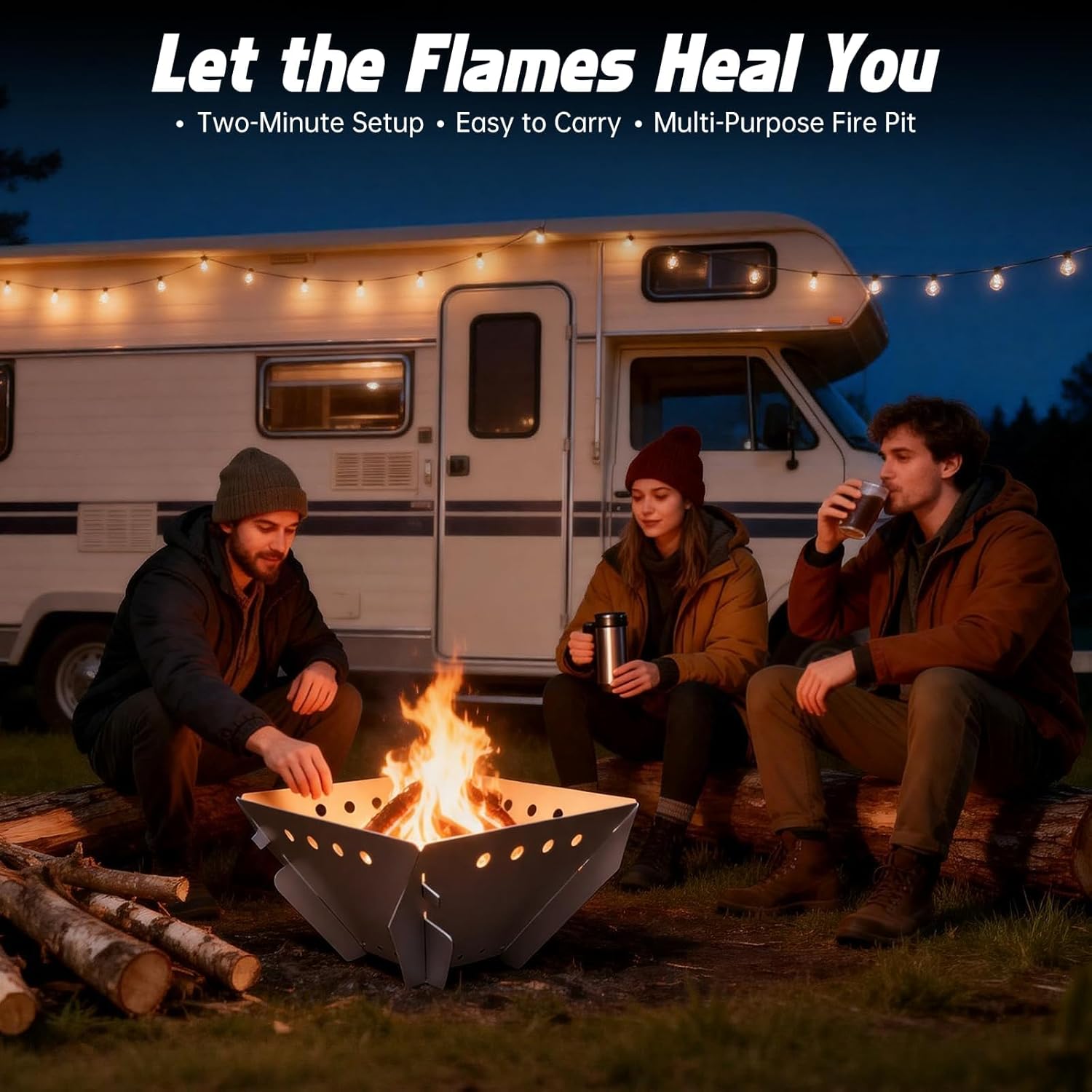 Stainless Steel Fire Pit for Camping, Collapsible Fire Pit for Outdoor Use, 2-4 Person Portable Firepit, Tool-Free Assembly, Patio, Bonfire, Picnic and BBQ with Grill Net & Canvas Storage Bag