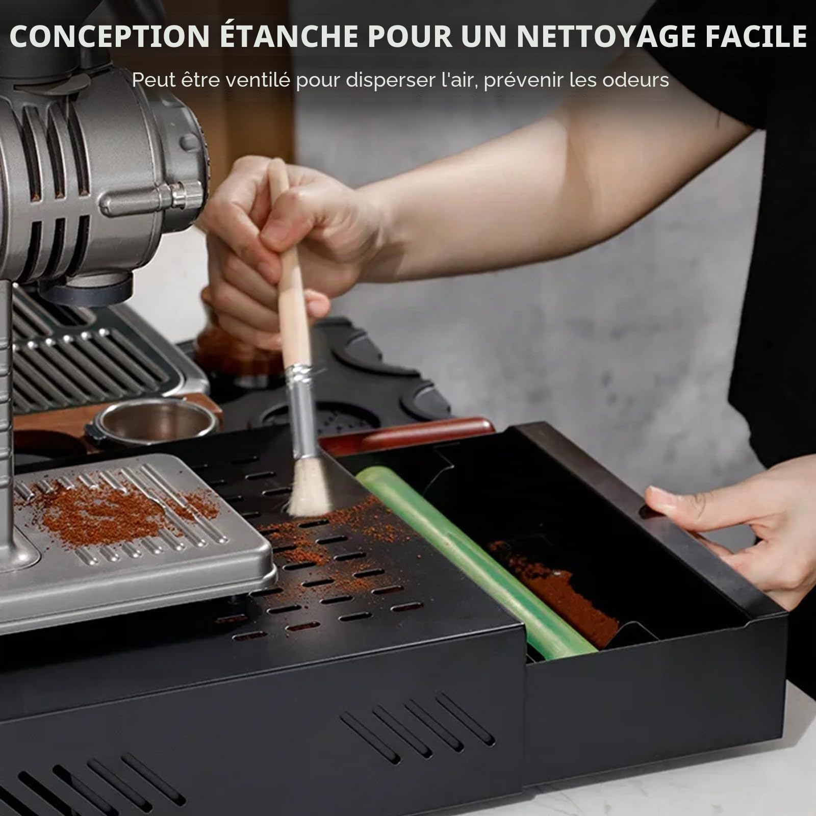 Récipient à café - Tiroir à marc de café - Récipient pour porte-filtre - En acier inoxydable - Convient pour toutes les machines à café courantes (noir, 34,5 x 25 x 8 cm)