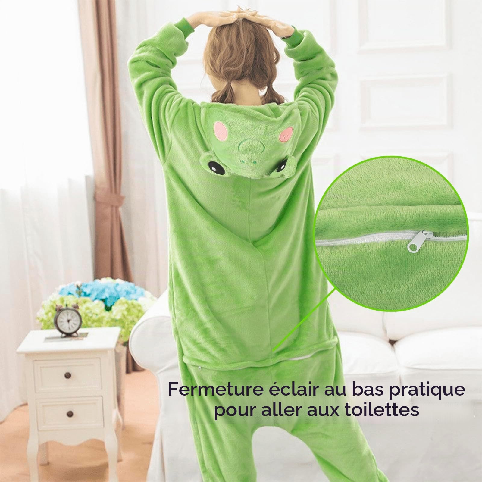 Costume de grenouille unisexe - Pyjama une pièce - Combinaison pour adulte - Avec capuche - Animal - Vêtements de nuit - En peluche - Pour homme et femme - Pour Halloween, carnaval, cosplay