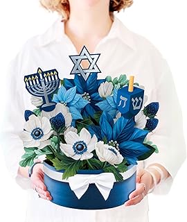 Freshcut Paper Pop Up Cards, Hanukkah Wishes, 10 Inch Life Sized Forever Flower Bouquet 3D Popup Greeting Cards, Christmas Card, Hanukkah Card, Blank Notecard & Envelope