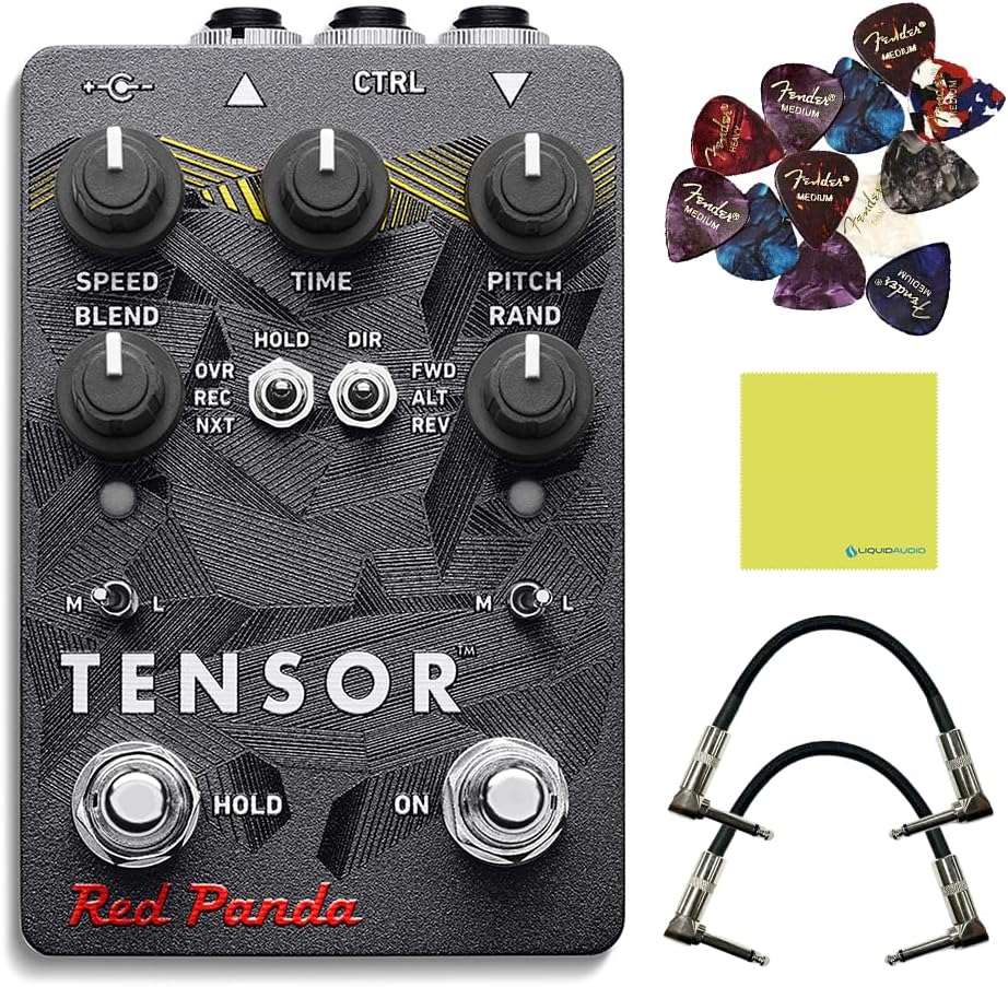 Red Panda Tensor and Time Shifting Pedal Bundle with 2x Strukture S6P48 Woven Right Angle Patch Cables, 12x Fender Guitar Picks and Liquid Audio Instrument Polishing Cloth - RPL-108 Model