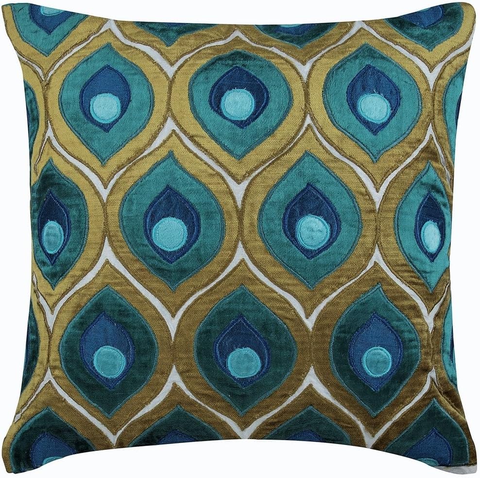 Birds Decorative Throw Pillow Covers 12" x 12" | Modern Velvet Cushion Cover | Birds Peacock Art Deco Applique Green & Blue Pillowcases for Couch, Sofa, Bed, or Living Room - Art Deco Peacock