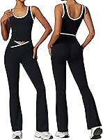 OLCHEE Women's 2-Piece Workout Set: Crossover Flare Leggings & Sweetheart Crop Tank Top with Contrast Trim Yoga Gym Outfits