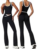 Womens Workout Sets 2 Piece Gym Yoga Outfits Crossover Flare Leggings Crop Tank Top with Contrast Trim