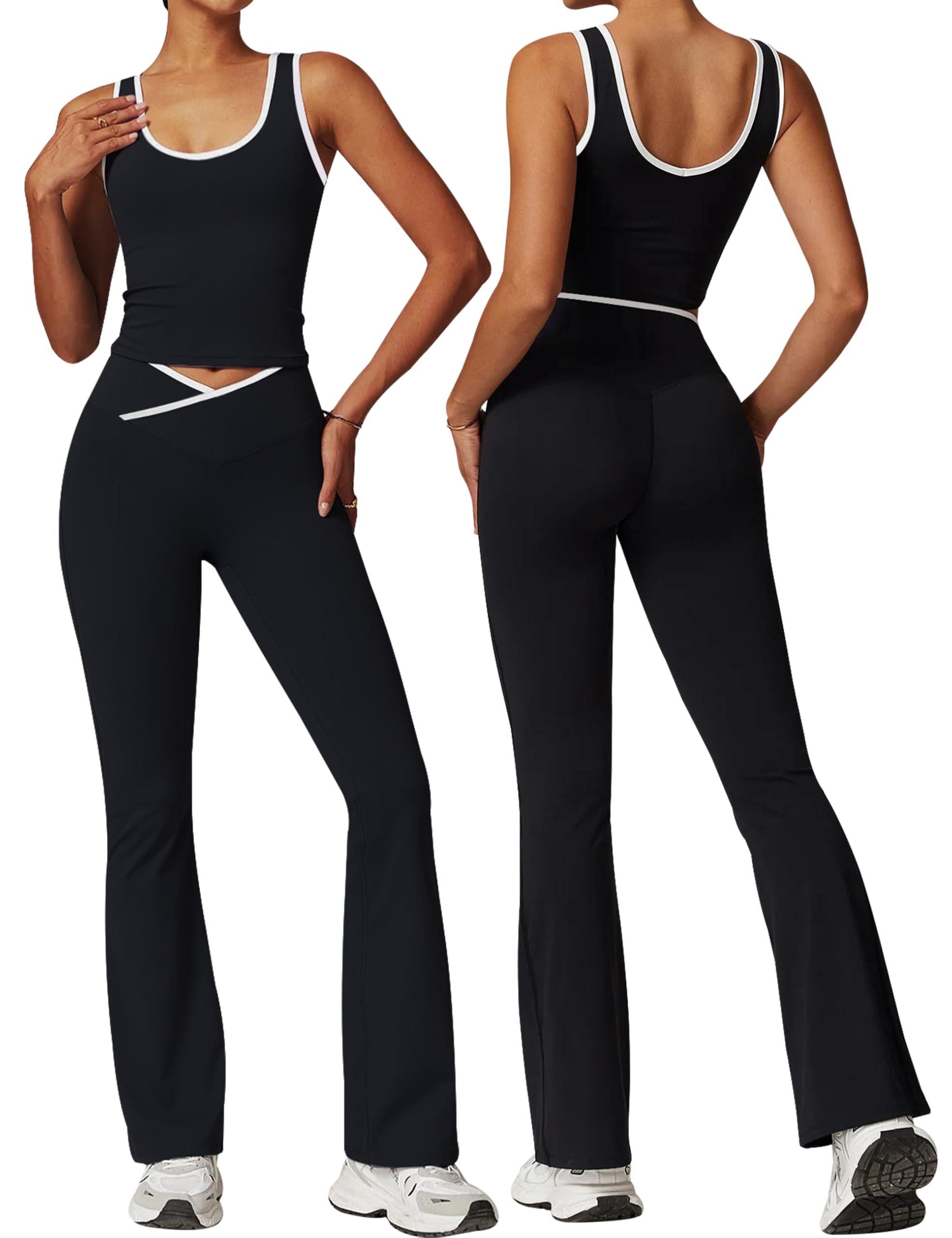 OLCHEE Womens Workout Sets 2 Piece Gym Yoga Outfits Crossover Flare Leggings Crop Tank Top with Contrast Trim