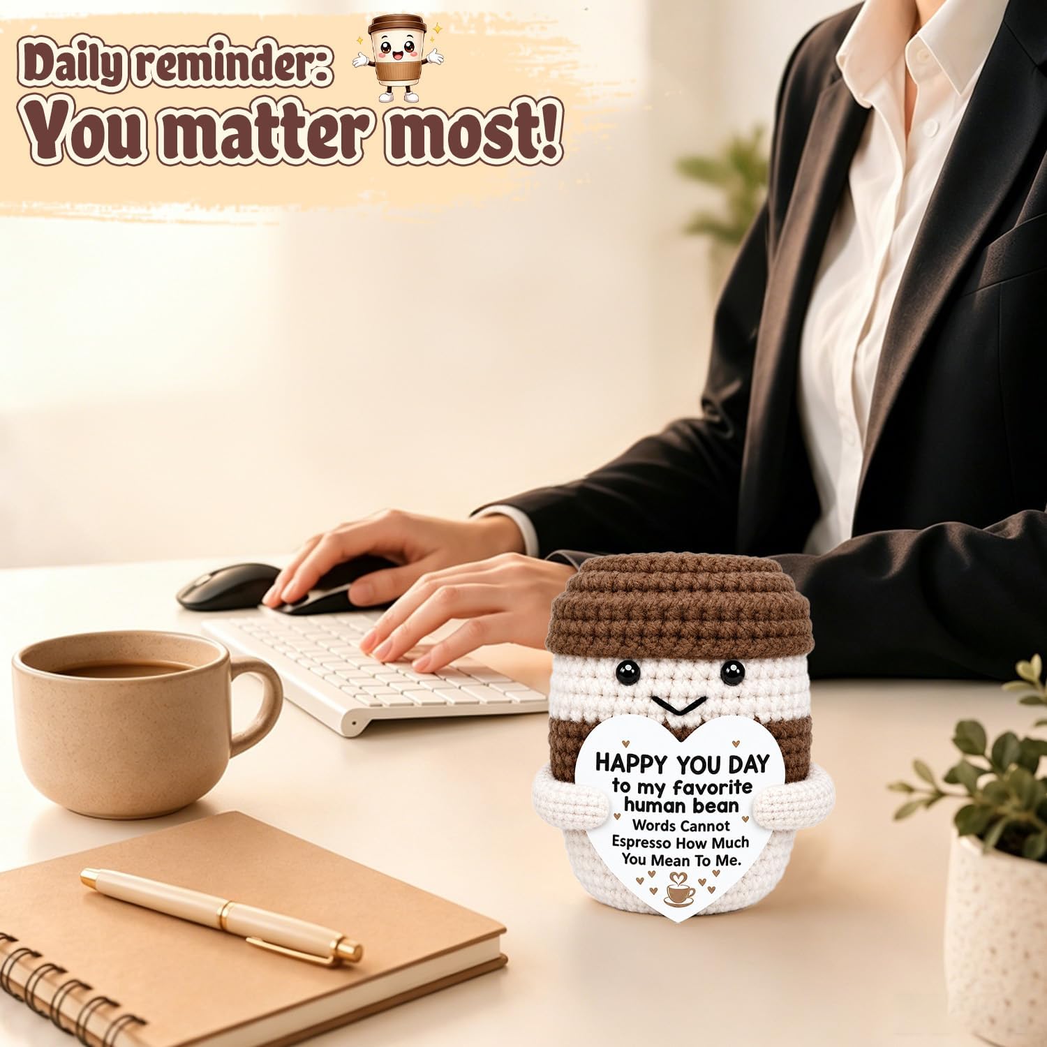 Birthday Gifts for Women Men, Mini Funny Coffee Mug for Girlfriend Boyfriend Husband, Happy Birthday Decorations Gifts for Sister Best Friend Mom Coworker, Handmade Crochet Coffee Latte Cup Desk Decor