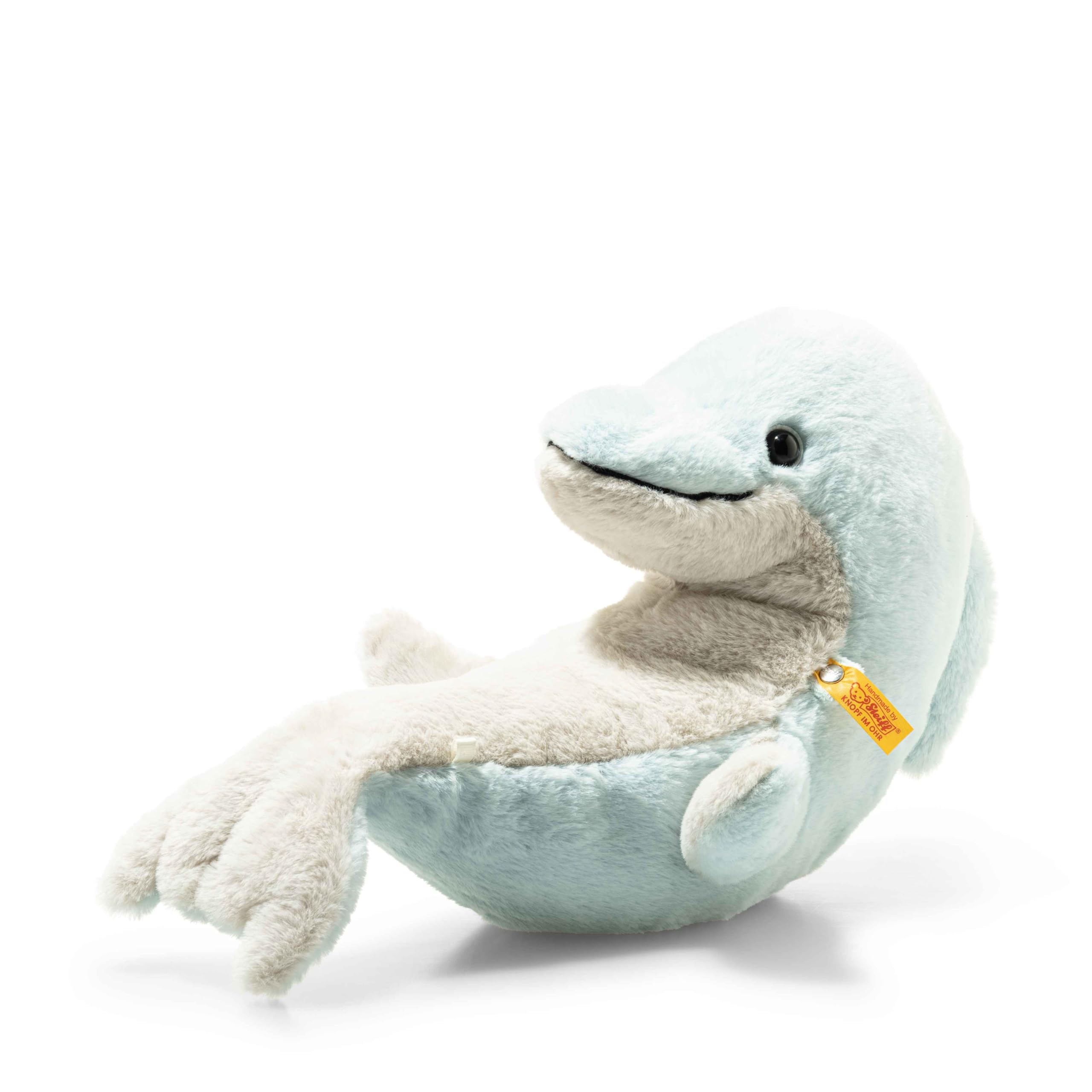 Steiff Denny Dolphin cuddly toy, cute stuffed toy with plastic eyes, children, boys & girls, Friends, plush toy 32 cm, light blue, 065194