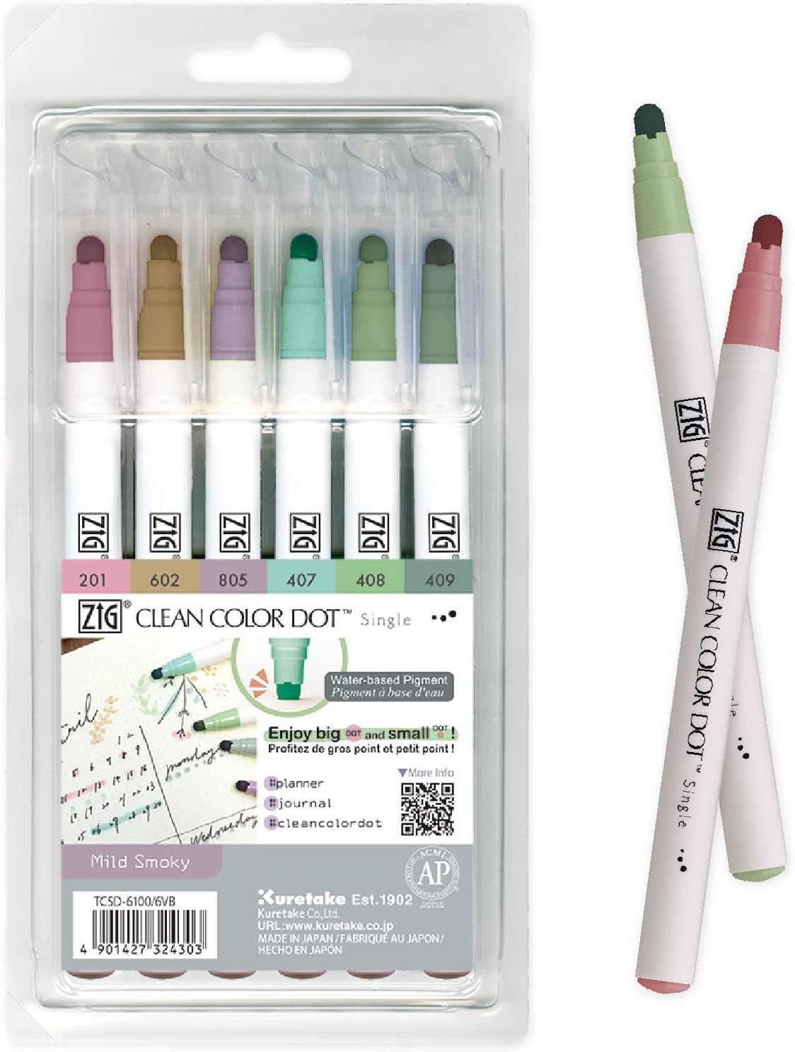 Kuretake ZIG CLEAN COLOR DOT Marker Pens Single 6 MILD SMOKY Colors Set, AP-Certified, Ideal for marking in planners or bullet journals, Photo-Safe, Acid Free, Lightfast, Xylene Free, Made in Japan