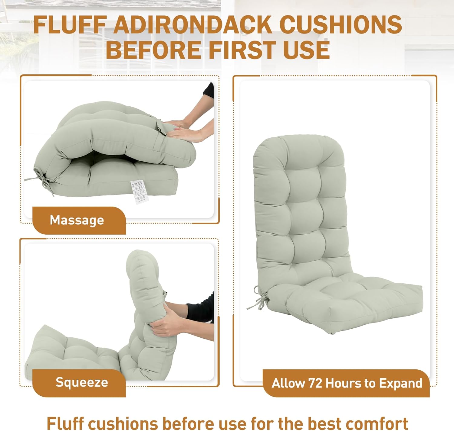 EAGLE PEAK High Back Adirondack Chair Cushions, 5" Thick Non Slip Tufted Cushion for Outdoor Patio Rocking Chairs, 49x20x5 in, Set of 2, Sage Green