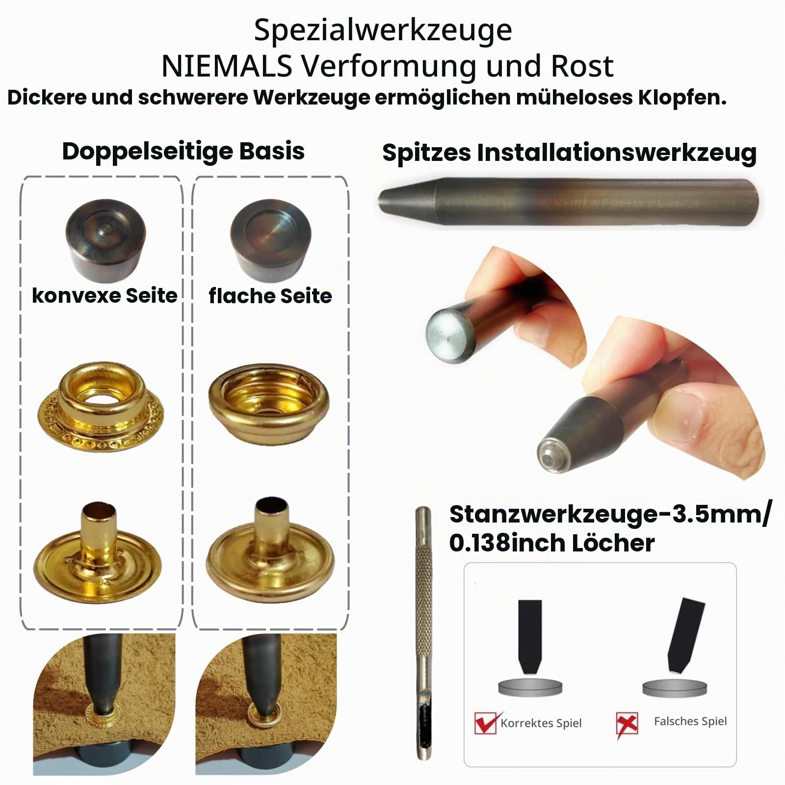 SUNAROC 160 Sätze Druckknöpfe 15mm Kombi-Set – 80 Standard für dünne Stoffe + 80 Verstärkt für dickes Leder – Inkl. Spezial-Werkzeug für Jeans, Jacken & Taschen