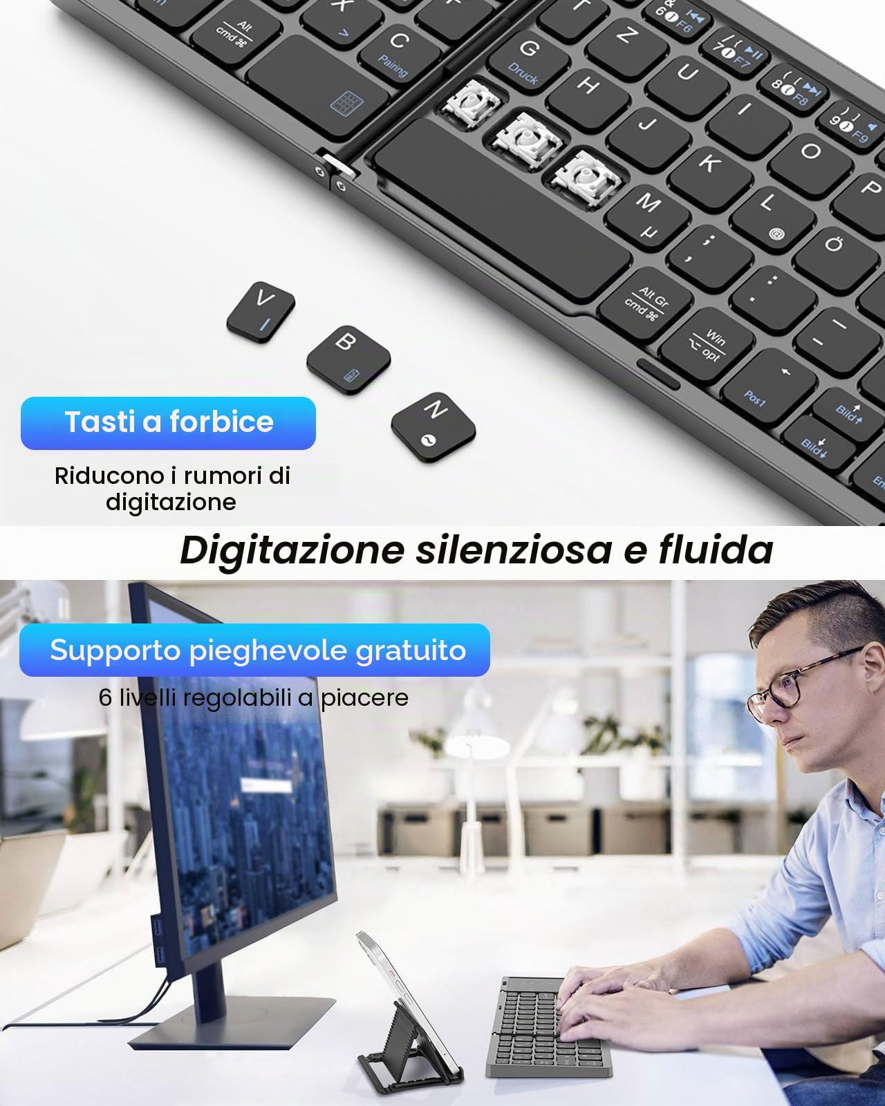 MoKo Tastiera Bluetooth Pieghevole, Tastiera Tedesca Portatile, QWERTY | Pieghevole con Touchpad e Pad Numerico, Tastiera Ricaricabile Multi Dispositivo per Windows, iOS, Android Tablet/Phone