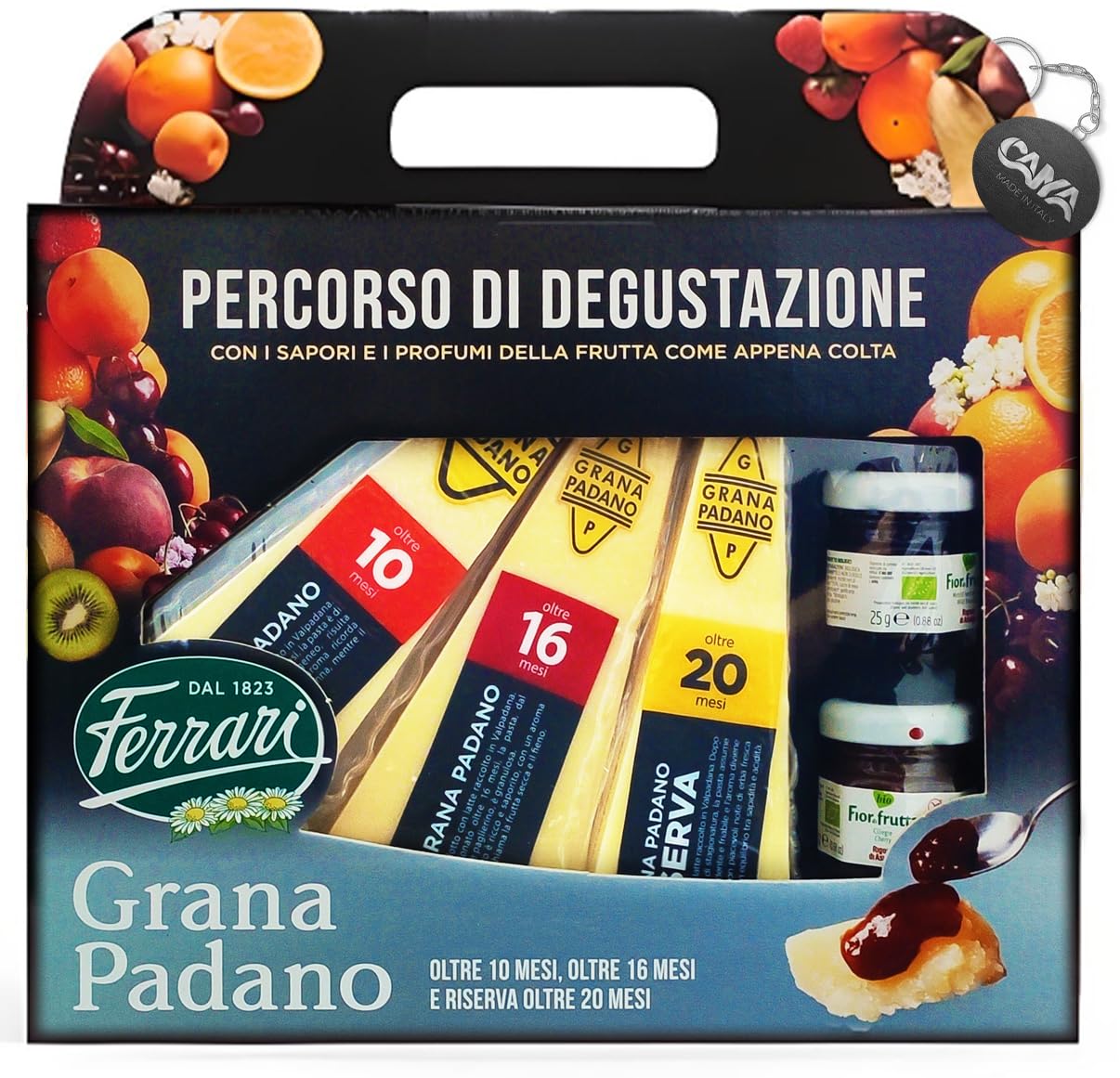 Percorsi di Degustazione Verticale Confezione Regalo con Grana Padano (oltre 10 mesi, oltre 16 mesi, riserva oltre 20 mesi) e Confetture alla Ciliegia e Mirtilli Neri con Portachiavi CAIYA®