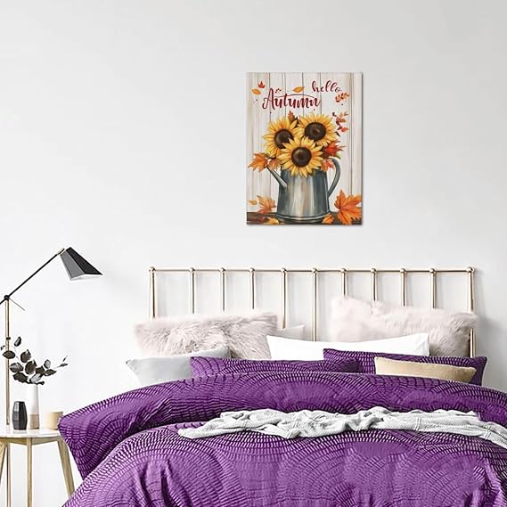 Hello Autumn Canvas Wall Art Fall Pictures Sunflower Painting Prints Modern Artwork for Bathroom Living Room Bedroom Office Framed Wall Decor 12x16
