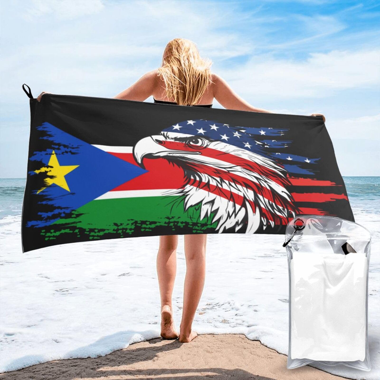 HACXZ America Flag and South Sudan Roots South Sudan Flag Microfiber Beach Towel Lightweight Absorbent Travel Pool for Men Women 27.5"X55"