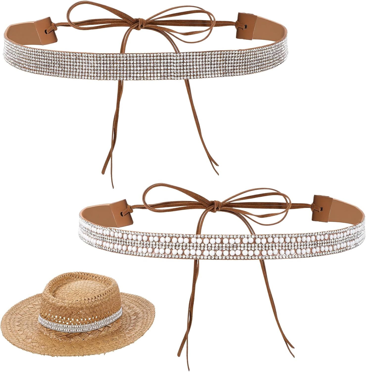 Larrel Hat Bands for Women, 2 Pcs Rhinestone Cowgirl Hat Headband Adjustable Cowboy Hats Belt Western Style Hats Decorations Accessories for Girl Men Straw Hates Fedora Hates (Brown)