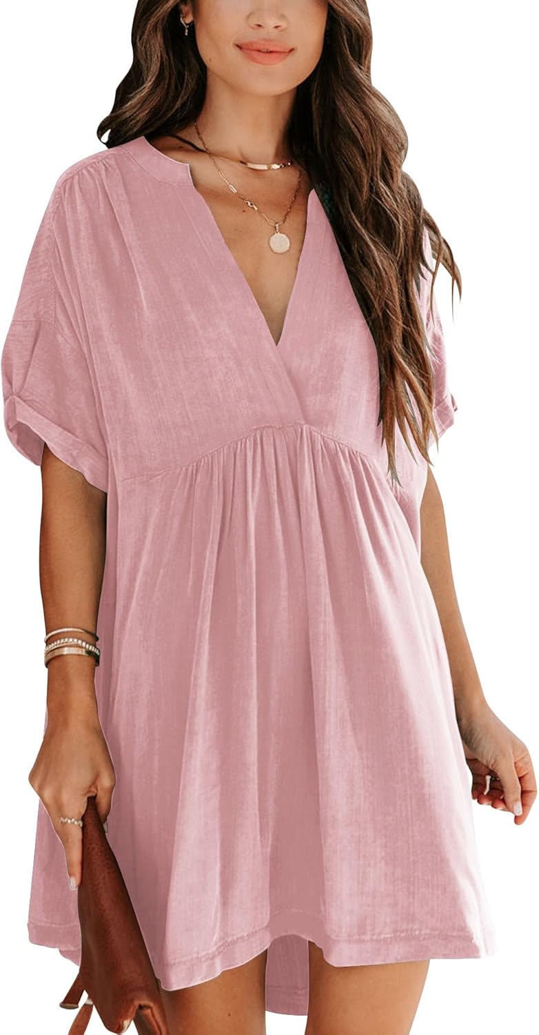 Minclouse Women's Babydoll Short Sleeve Tunic Dress V Neck Cute Casual Loose Dresses