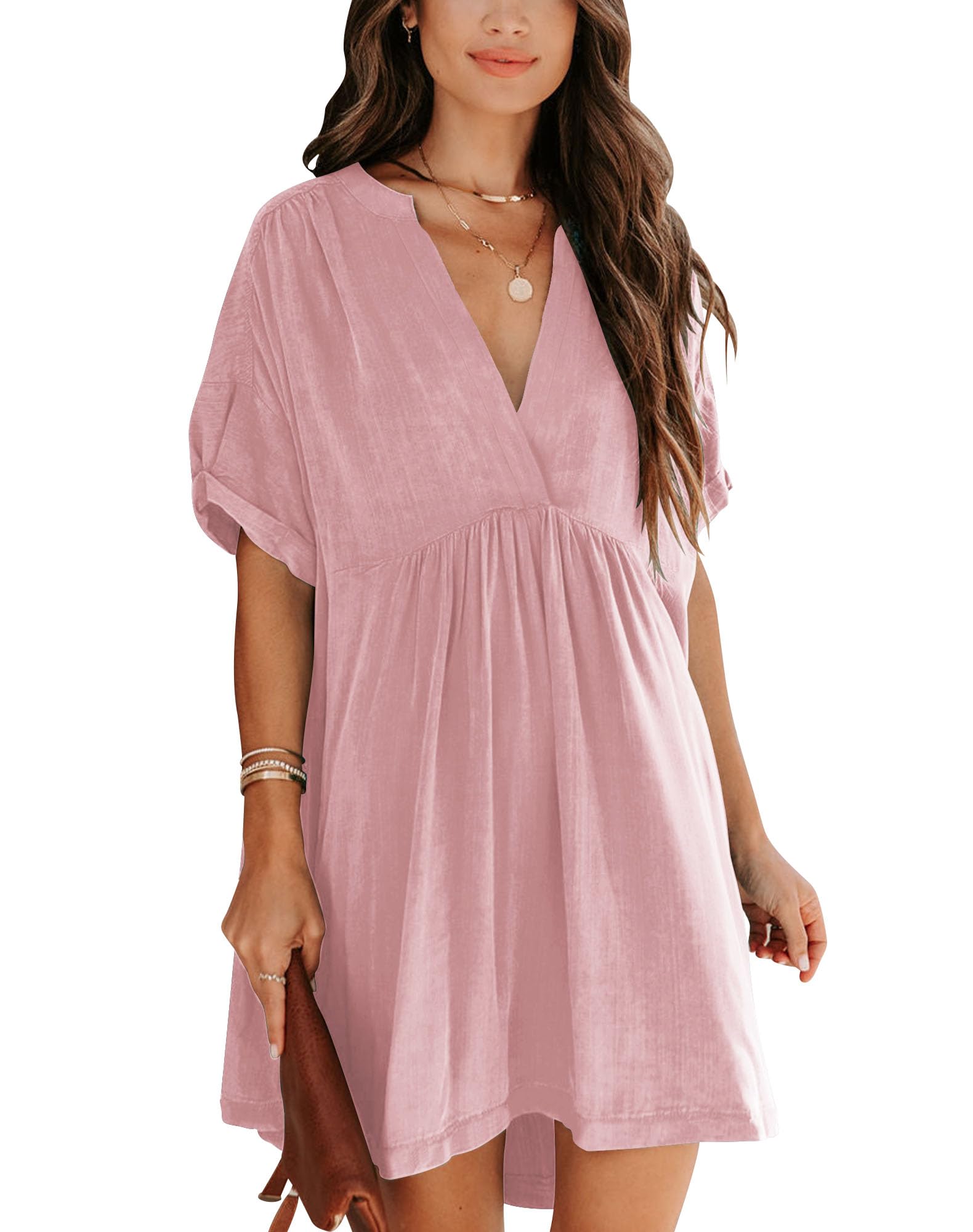 View 1 of ***STOCK PHOTO FOR REFERENCE ONLY***Minclouse Women's Babydoll Short Sleeve Tunic Dress V Neck Cute Casual Loose Dresses PINK LARGE