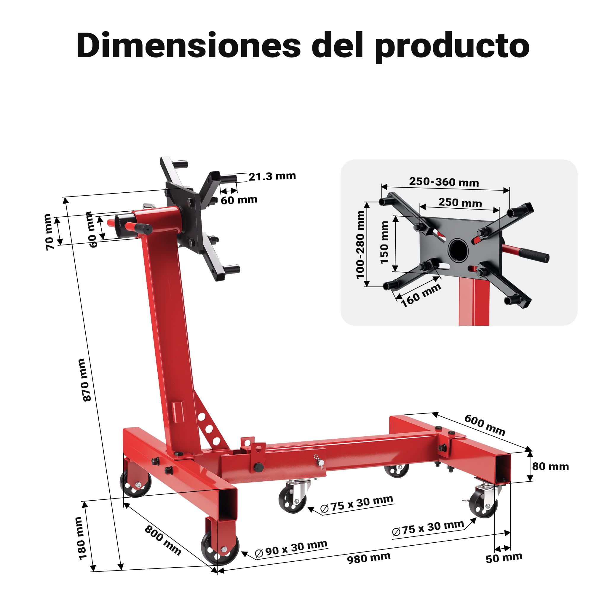 Wiltec Soporte de motor hasta 680 kg elevador gato de transmisión con ruedas pivotantes en 360° caballete de caja de cambios con cabezal de montaje ajustable y giratorio