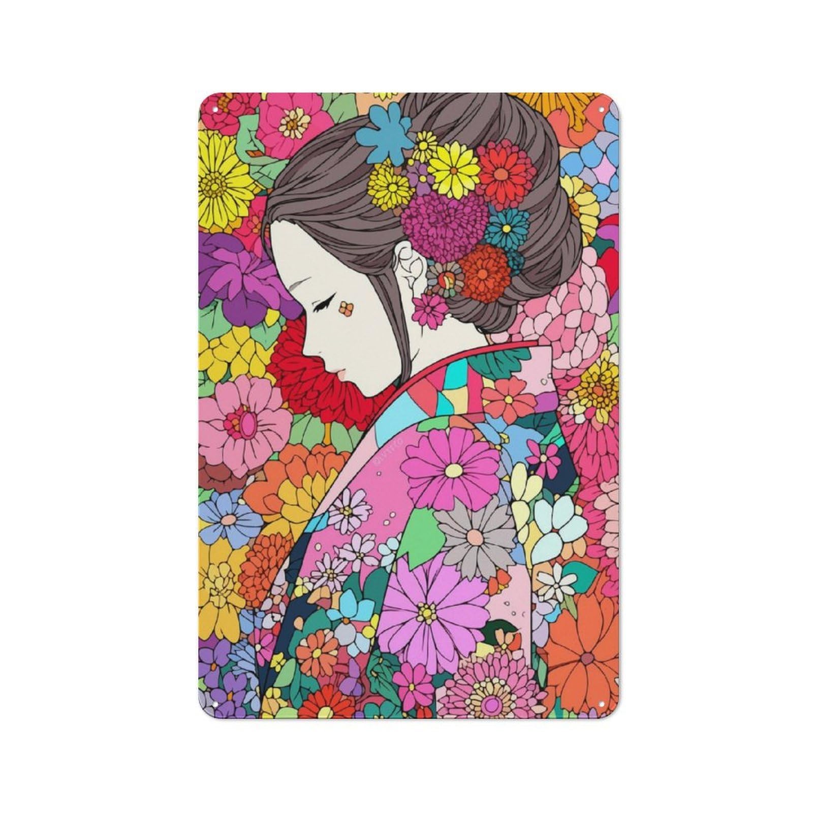 Junmoney Girls Japanese Kimono Zen Vintage Tin Sign 30X20cm With For Guest Room Or Hallway, For Themed Room Decoration, For Vintage Wall Decor Fans
