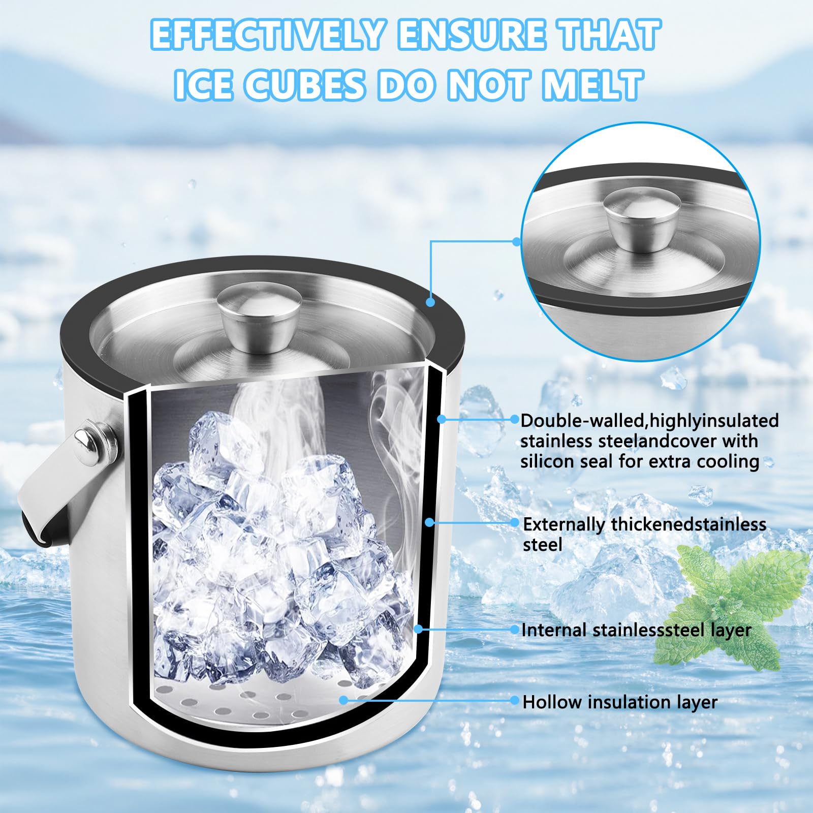 1.6L Cubitera Acero Inoxidable, Cubiteras para Hielo Grande con Diseño de Doble Pared, Cubitera con Tapa, Clips y Filtros Enfriadora de Botellas, para Bar de Cócteles, Fiestas, Champán