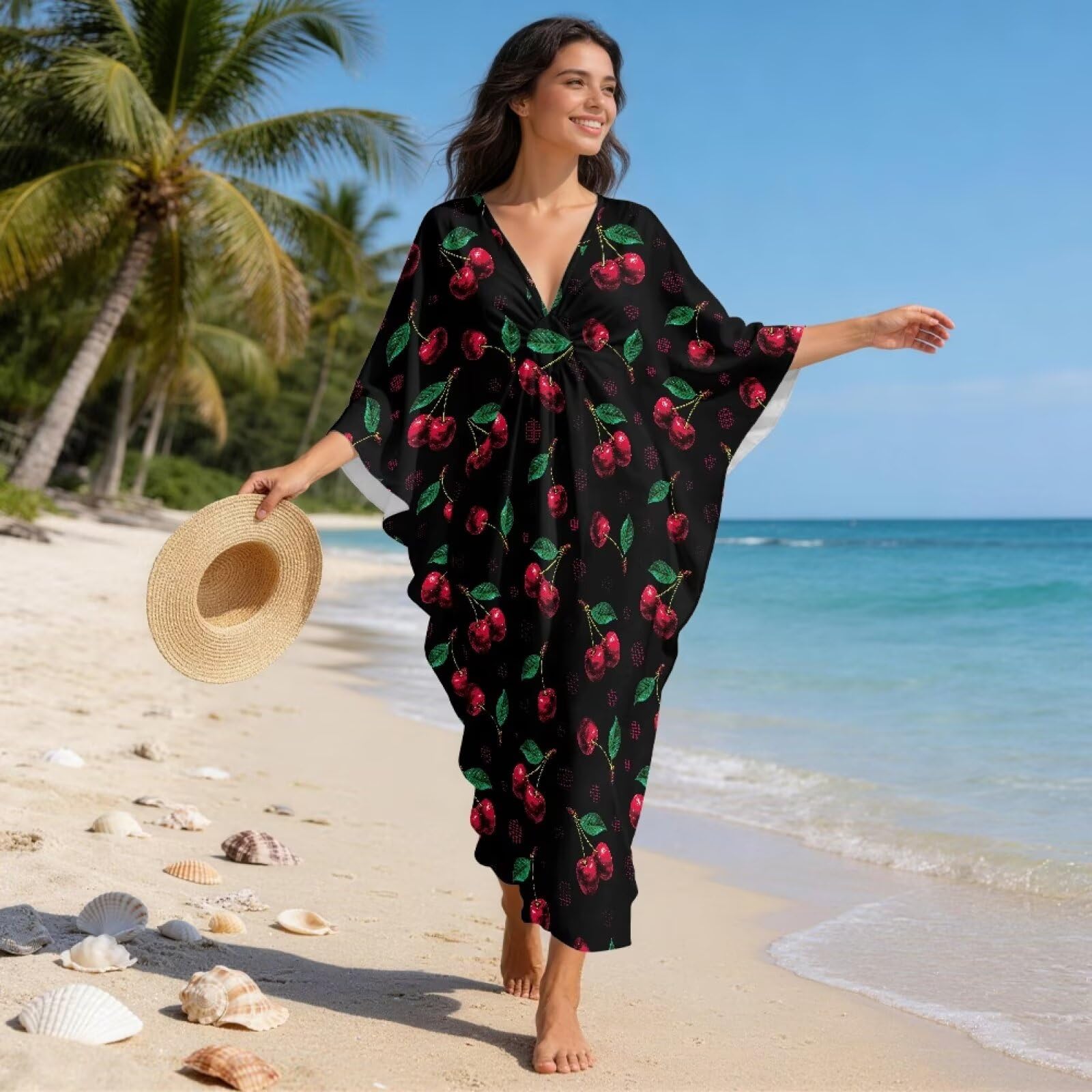 Xoenoiee Damskie sukienki kaftan plus size okrycie plażowe dekolt w serek rękaw nietoperz strój kąpielowy okrycie letnia sukienka kaftan