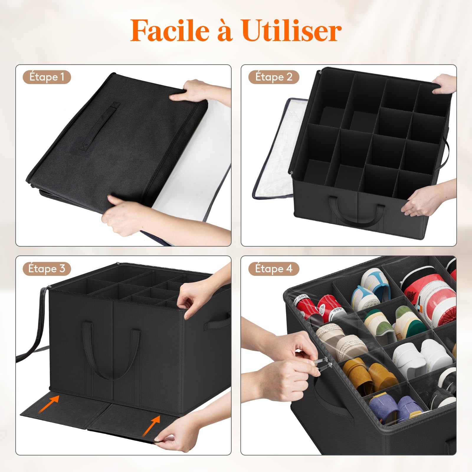 Lifewit Organisateur Chaussures pour Armoire, Boite Rangement Chaussures pour 12-16 Paires avec Couvercle Transparent, Shoe Organizer Pliable avec Séparateurs, 43 x 43 x 31 cm, Noir, Lot de 2